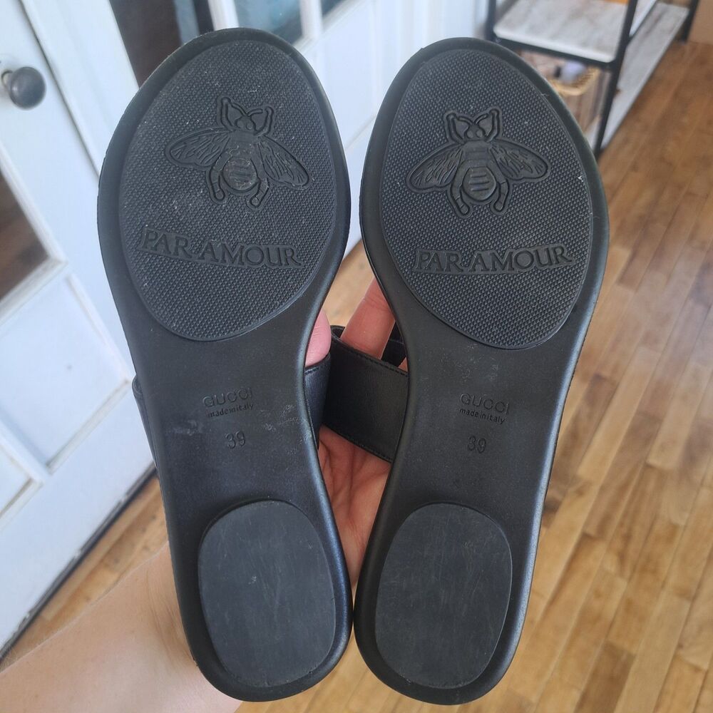 Gucci Marmot Laveugle Par Amour GG Women’s Black Leather Thong Sandals Size 39 - Picture 6 of 9
